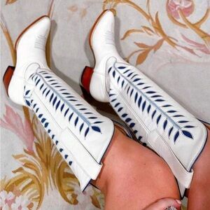 Bone Western Cowboy Knee High Boot in White and Blue
